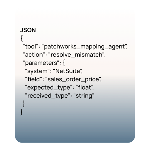 Example schema of an AI model invoking a Patchworks MCP tool to resolve a data type conflict programmatically.